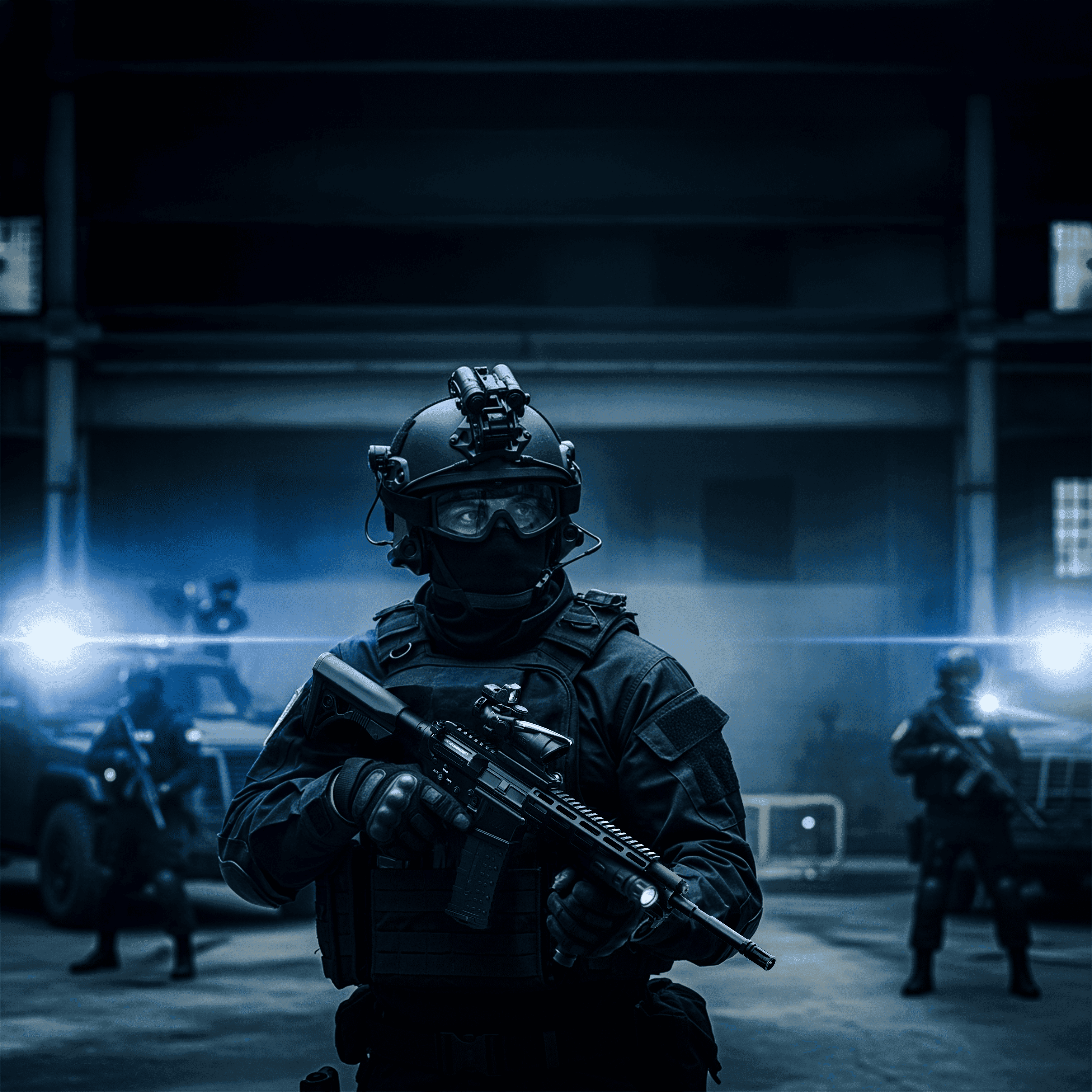 Elite soldier with a rifle on patrol